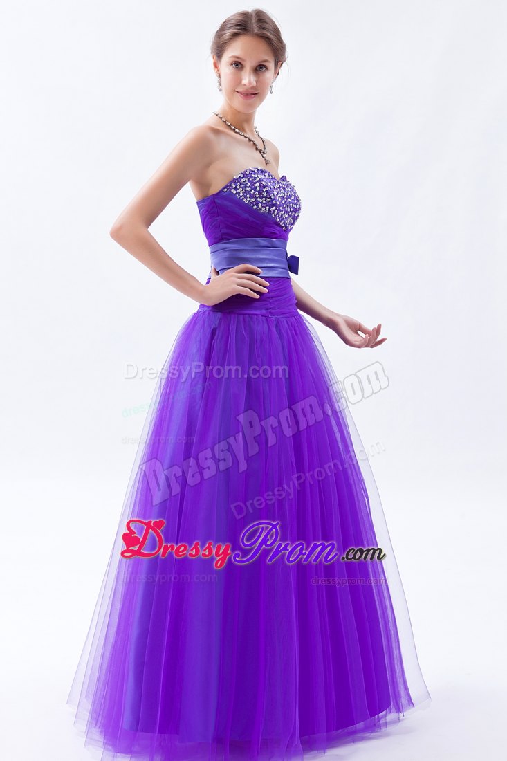 Eggplant Purple Sweetheart A-line Tulle Prom Dress with Beading and Bow
