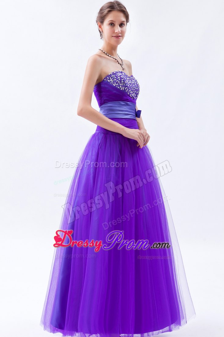 Eggplant Purple Sweetheart A-line Tulle Prom Dress with Beading and Bow