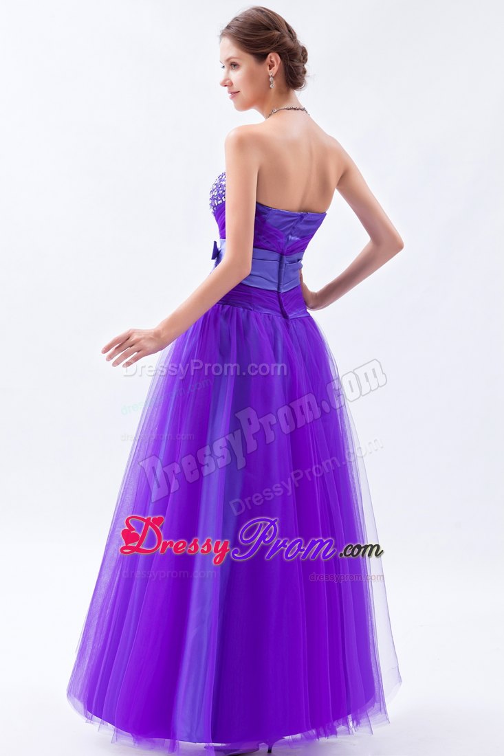 Eggplant Purple Sweetheart A-line Tulle Prom Dress with Beading and Bow