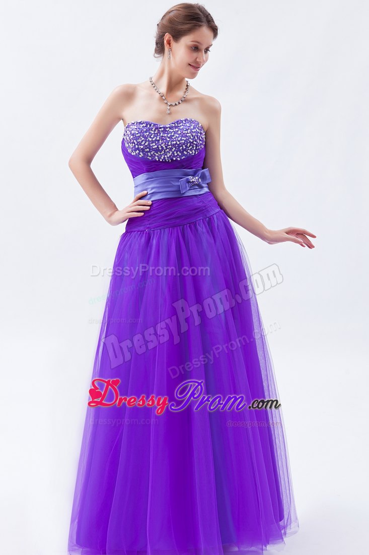 Eggplant Purple Sweetheart A-line Tulle Prom Dress with Beading and Bow