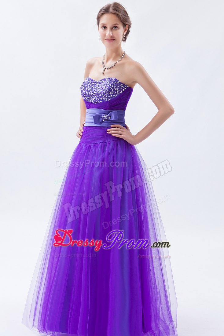 Eggplant Purple Sweetheart A-line Tulle Prom Dress with Beading and Bow