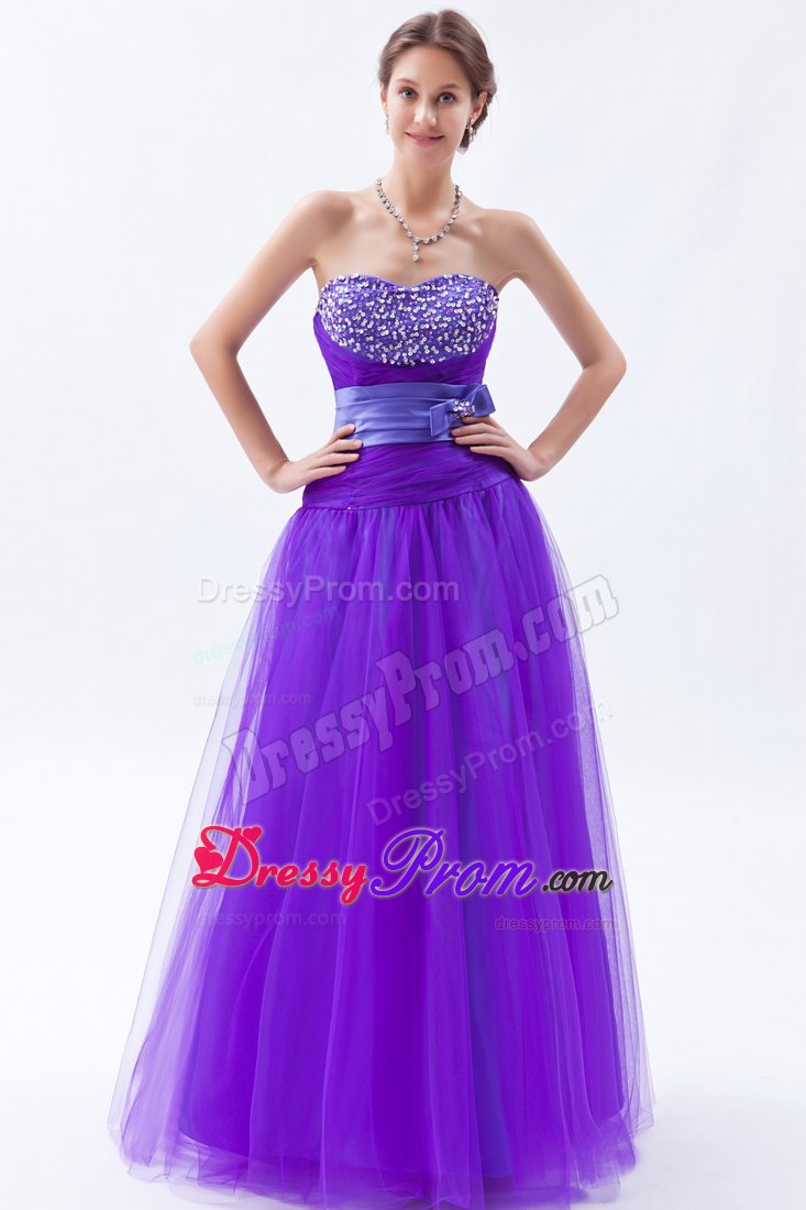 Eggplant Purple Sweetheart A-line Tulle Prom Dress with Beading and Bow