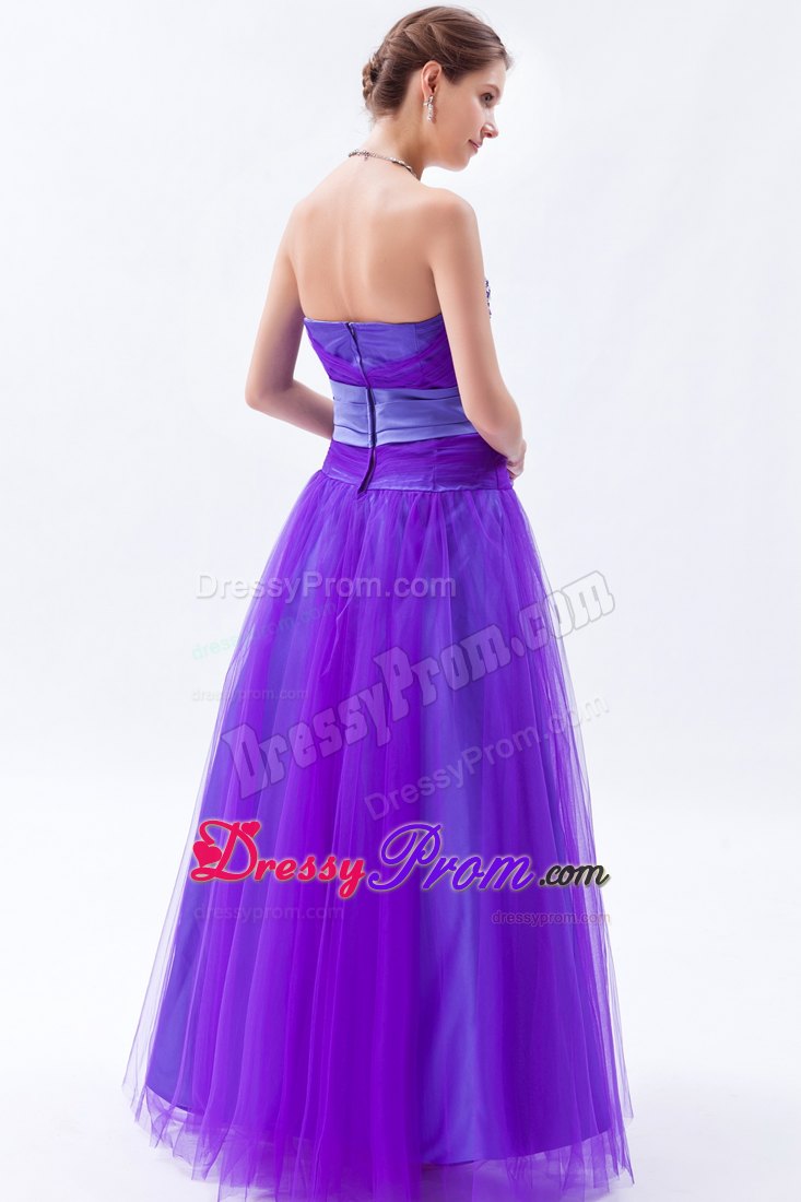 Eggplant Purple Sweetheart A-line Tulle Prom Dress with Beading and Bow