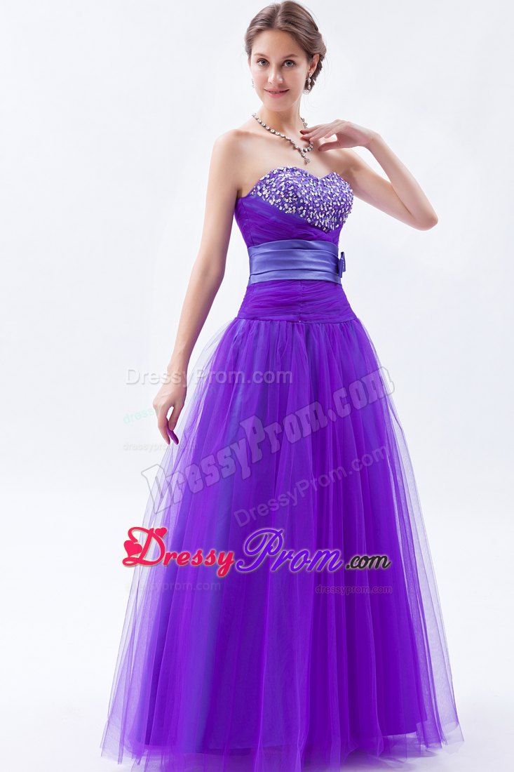 Eggplant Purple Sweetheart A-line Tulle Prom Dress with Beading and Bow