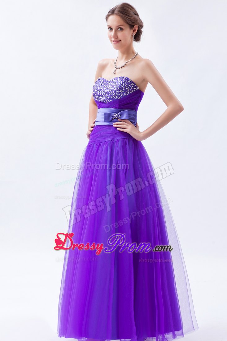 Eggplant Purple Sweetheart A-line Tulle Prom Dress with Beading and Bow