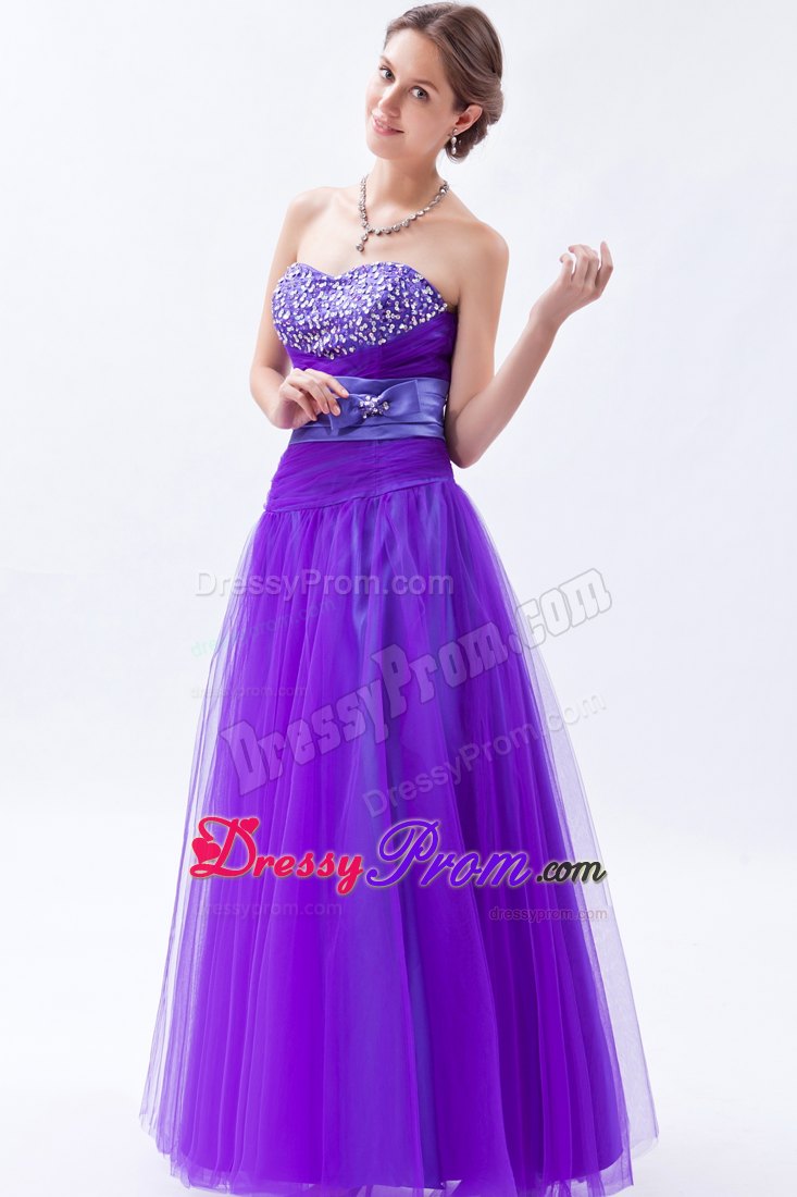 Eggplant Purple Sweetheart A-line Tulle Prom Dress with Beading and Bow