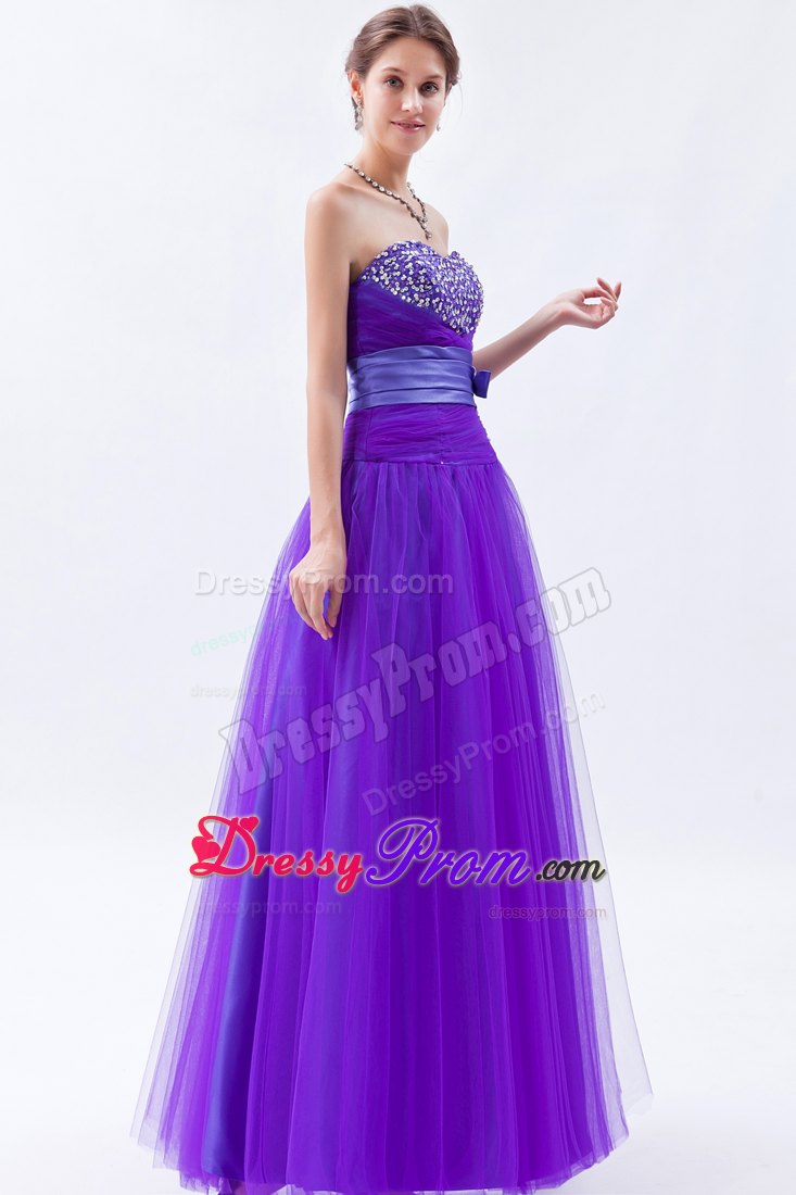 Eggplant Purple Sweetheart A-line Tulle Prom Dress with Beading and Bow