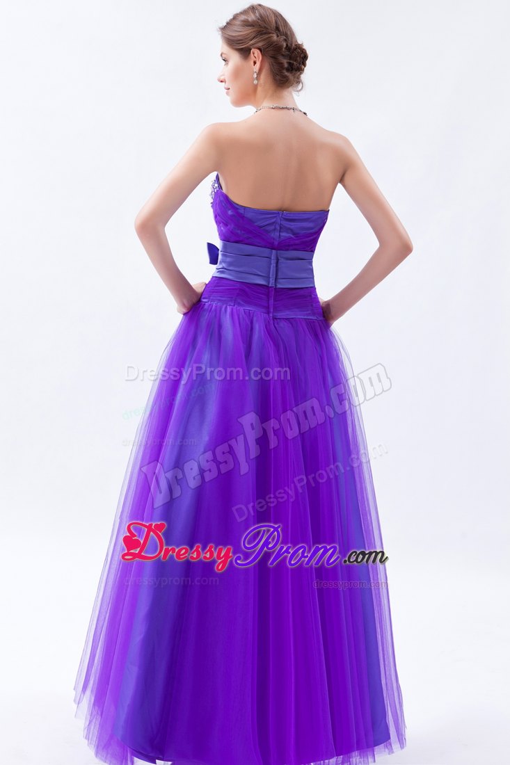 Eggplant Purple Sweetheart A-line Tulle Prom Dress with Beading and Bow