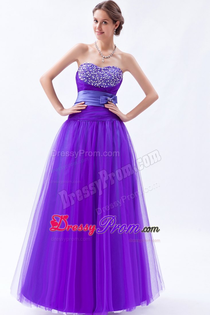 Eggplant Purple Sweetheart A-line Tulle Prom Dress with Beading and Bow