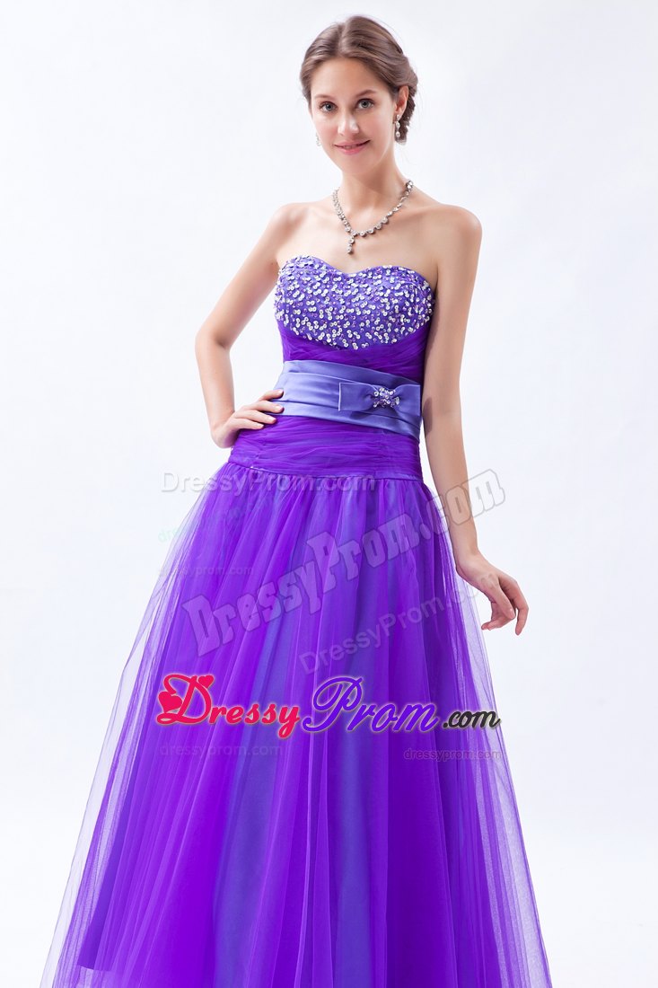 Eggplant Purple Sweetheart A-line Tulle Prom Dress with Beading and Bow