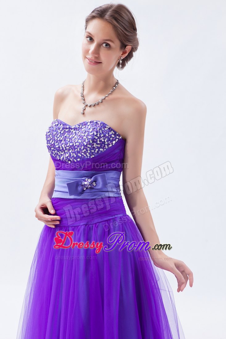 Eggplant Purple Sweetheart A-line Tulle Prom Dress with Beading and Bow