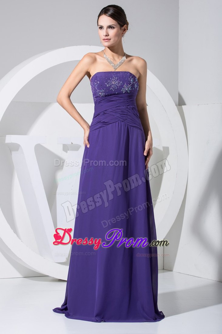 Purple Strapless Column Beading and Ruche Floor-length Prom Gown