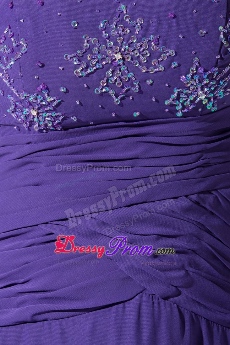 Purple Strapless Column Beading and Ruche Floor-length Prom Gown