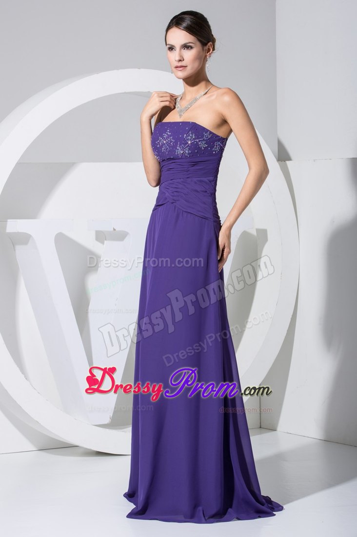Purple Strapless Column Beading and Ruche Floor-length Prom Gown