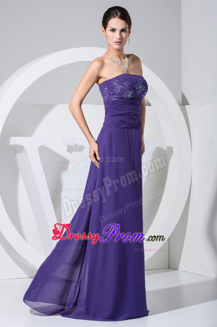 Purple Strapless Column Beading and Ruche Floor-length Prom Gown