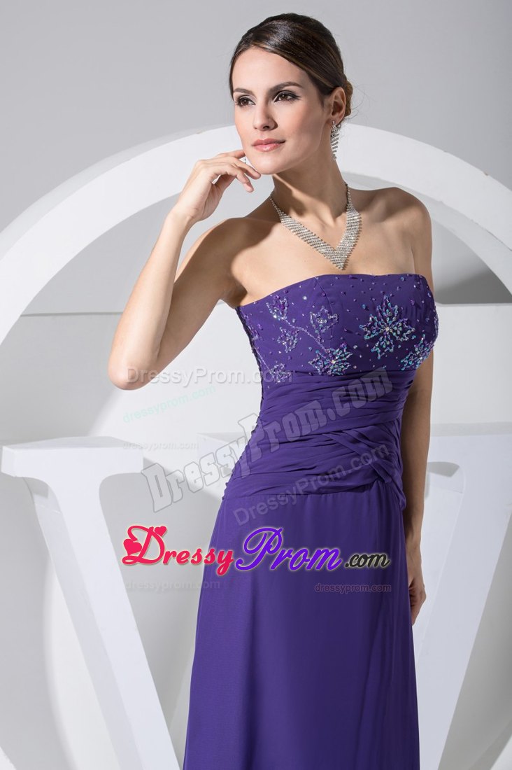 Purple Strapless Column Beading and Ruche Floor-length Prom Gown