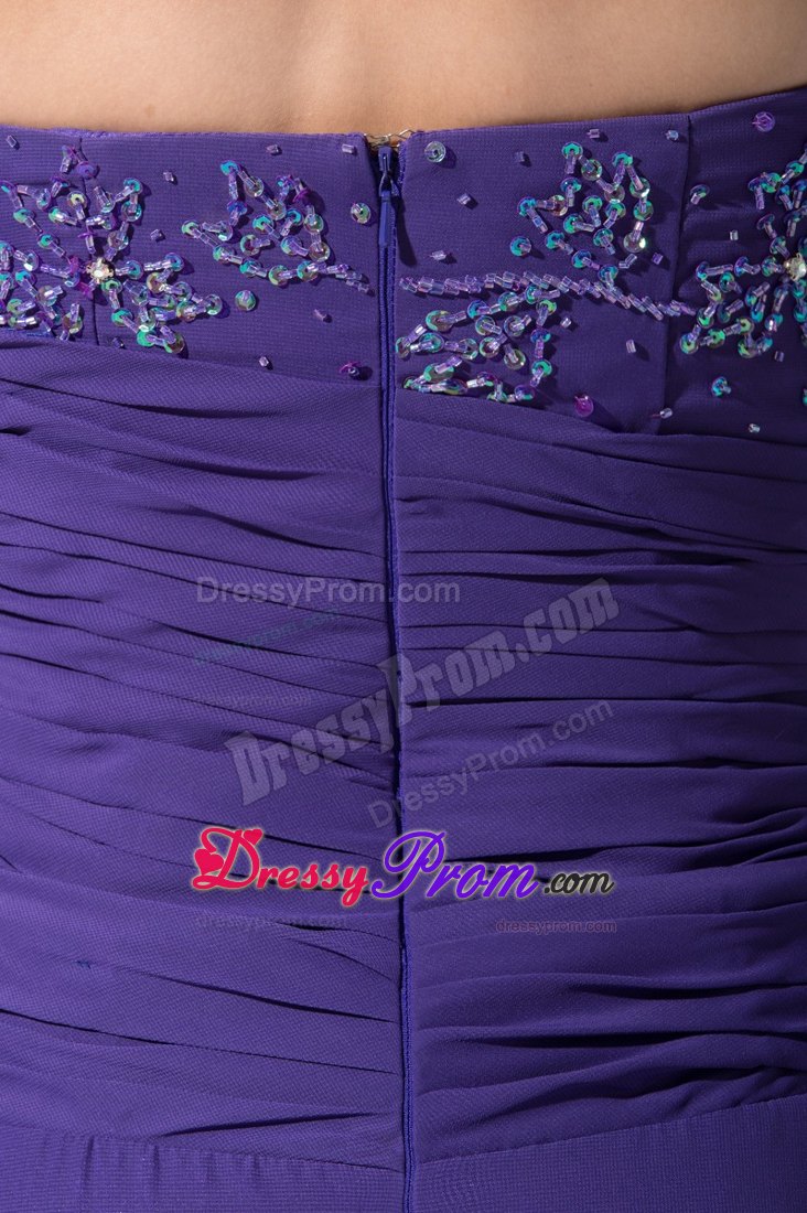 Purple Strapless Column Beading and Ruche Floor-length Prom Gown