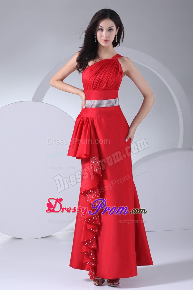 Hot One Shoulder Beaded Red Junior Prom Dress Ankle-length