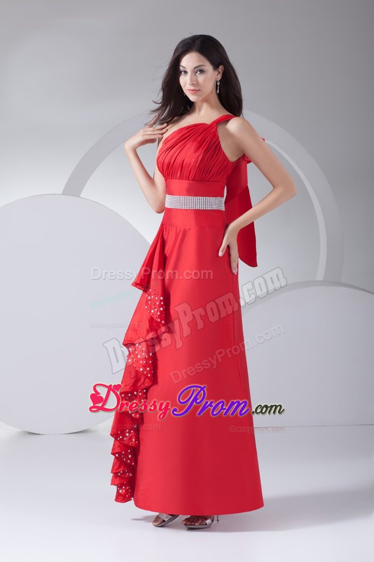 Hot One Shoulder Beaded Red Junior Prom Dress Ankle-length
