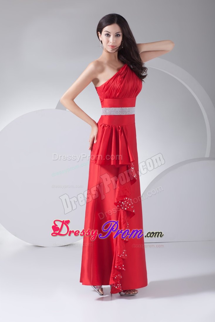 Hot One Shoulder Beaded Red Junior Prom Dress Ankle-length