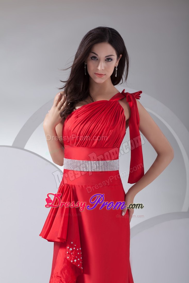 Hot One Shoulder Beaded Red Junior Prom Dress Ankle-length