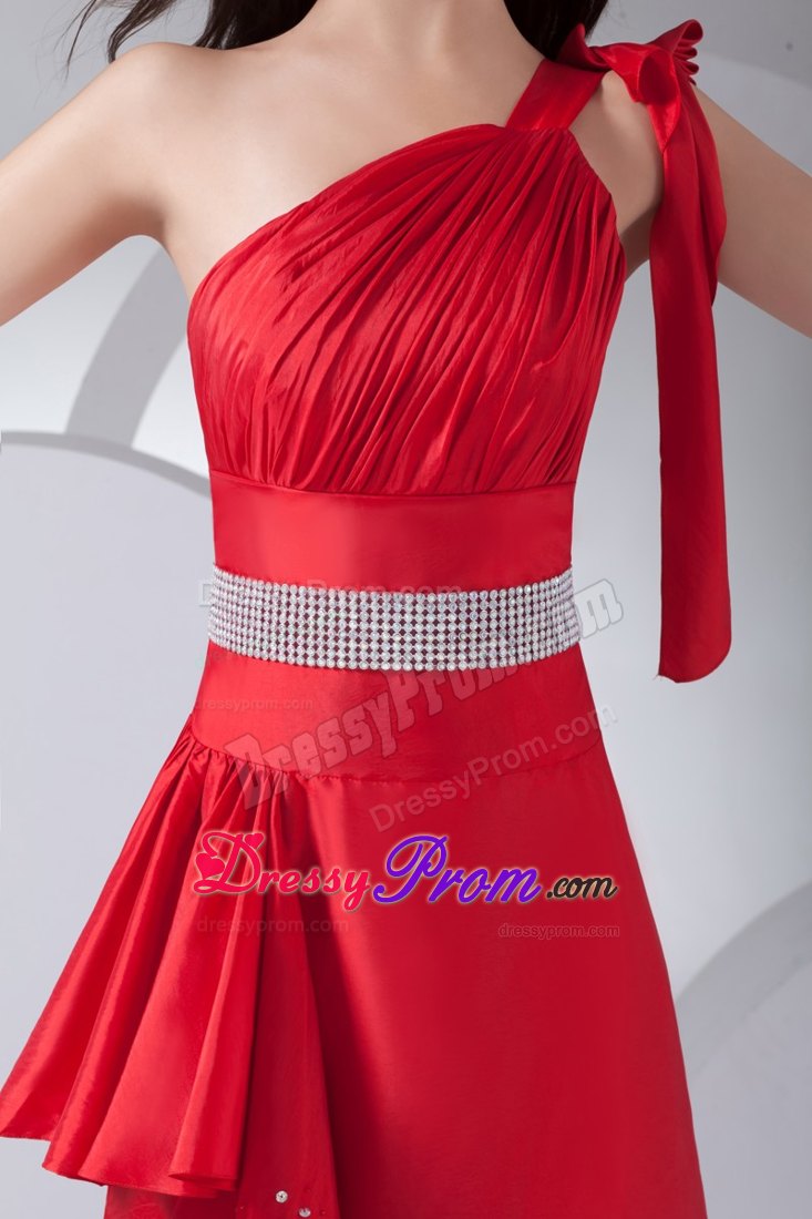 Hot One Shoulder Beaded Red Junior Prom Dress Ankle-length
