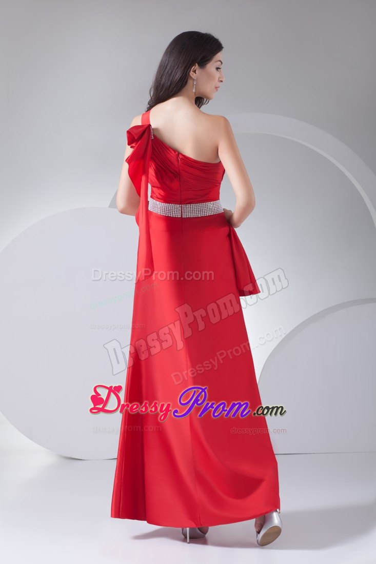 Hot One Shoulder Beaded Red Junior Prom Dress Ankle-length