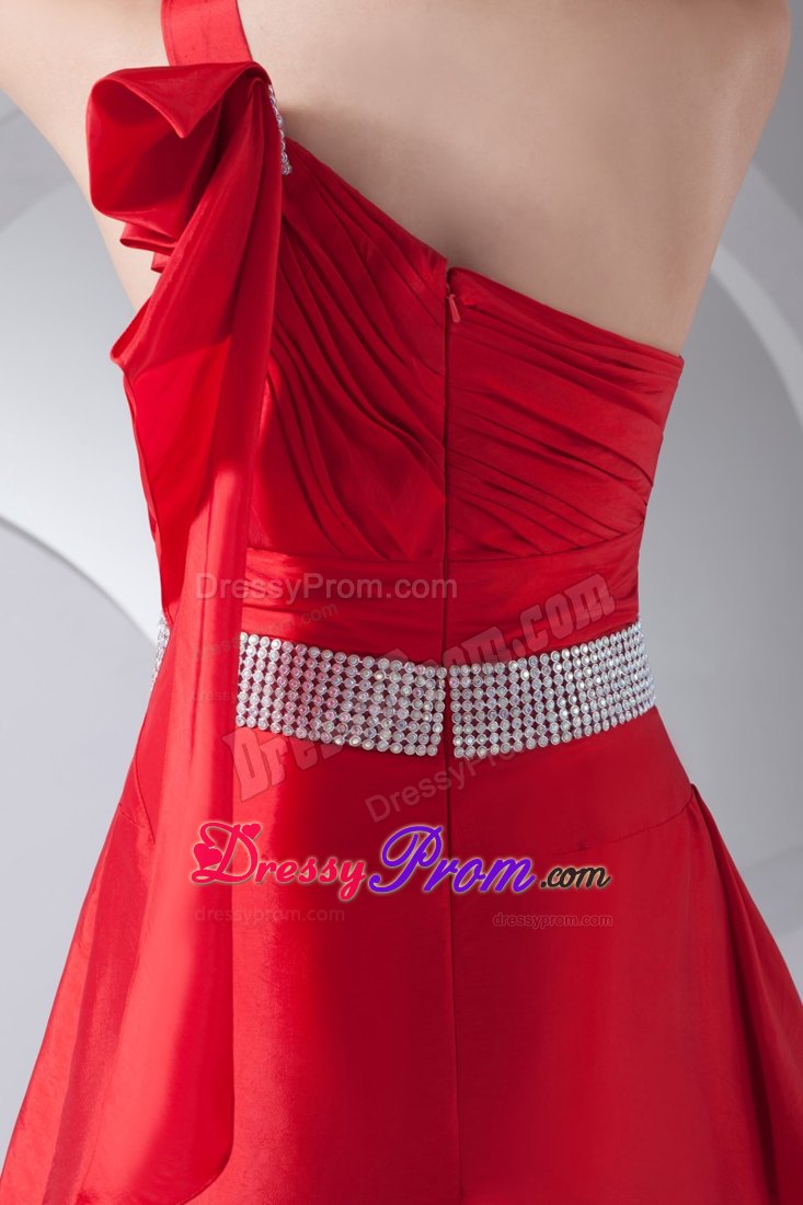 Hot One Shoulder Beaded Red Junior Prom Dress Ankle-length