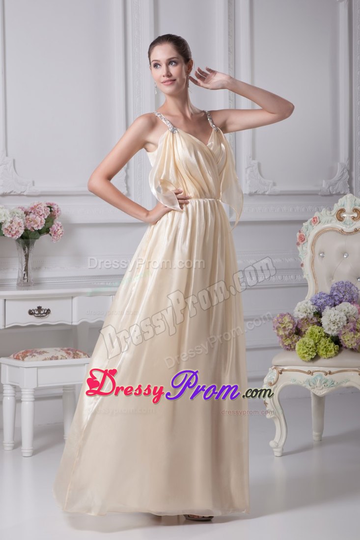 Ankle-length Champagne Prom formal Dress with Beading Ruche