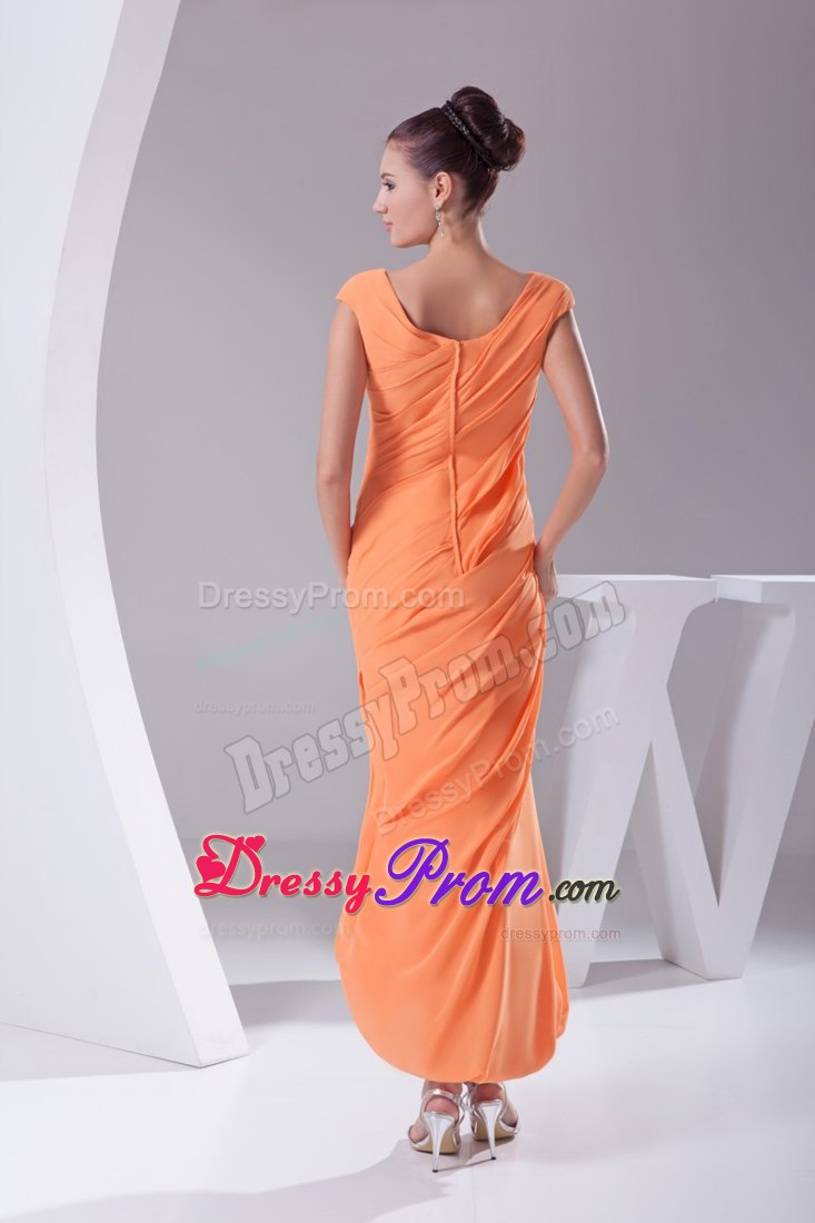 Scoop Neck Slitted Ruched Orange Prom Dress Tea-length