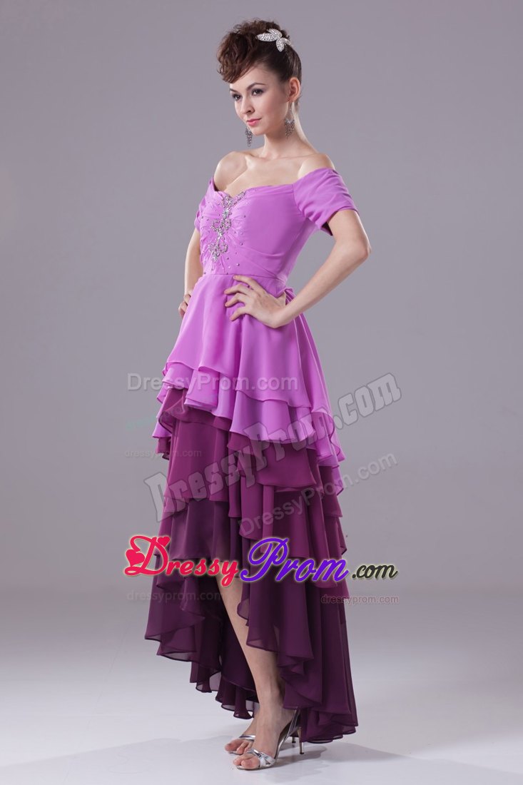 Off-The-Shoulder High Low Purple Prom Dress with Short Sleeves