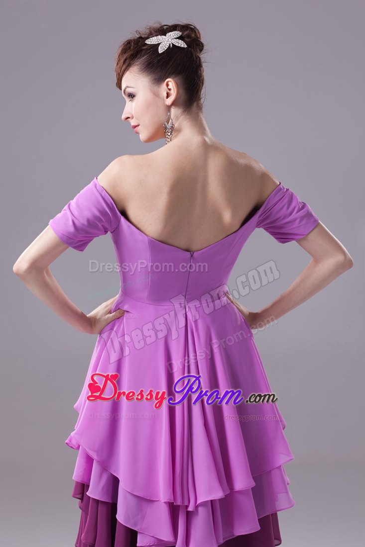Off-The-Shoulder High Low Purple Prom Dress with Short Sleeves