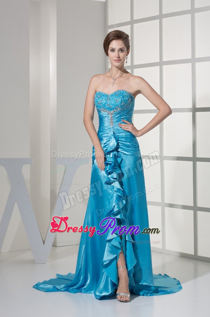 Slit Sweetheart Ruching Embroidery Ruffles Prom Dress with Brush Train