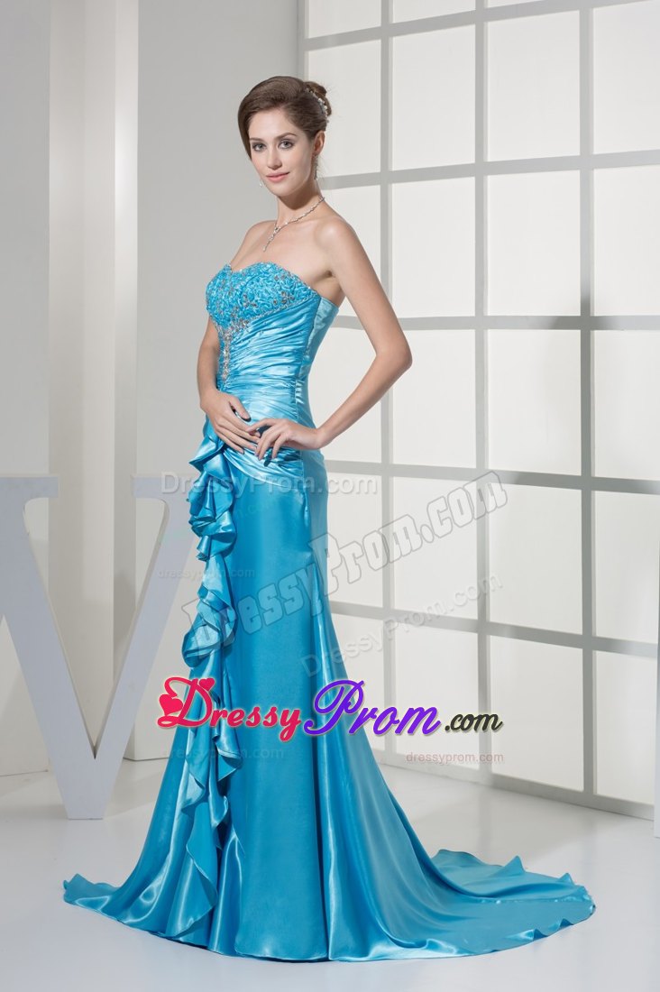 Slit Sweetheart Ruching Embroidery Ruffles Prom Dress with Brush Train