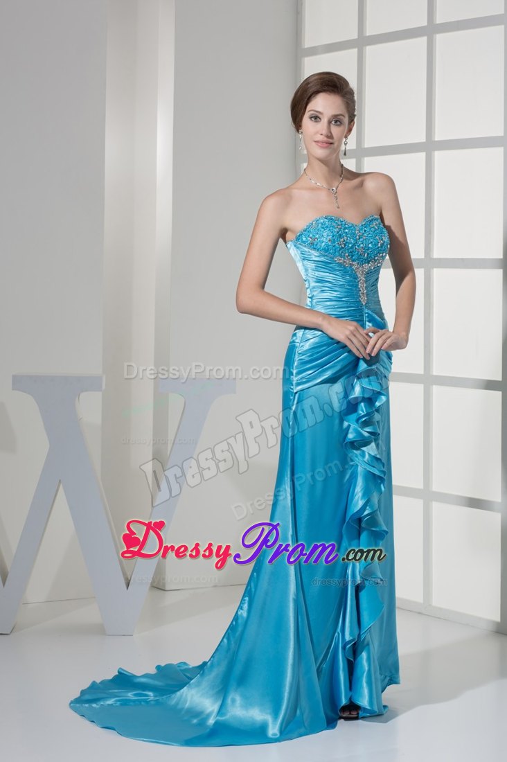 Slit Sweetheart Ruching Embroidery Ruffles Prom Dress with Brush Train