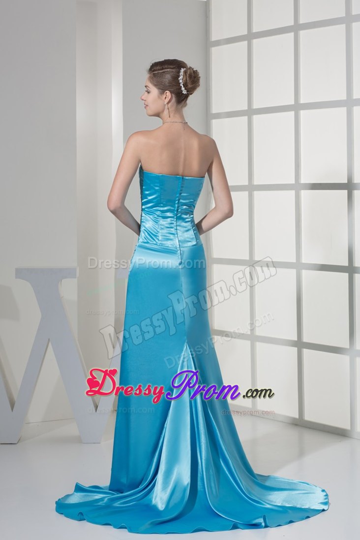 Slit Sweetheart Ruching Embroidery Ruffles Prom Dress with Brush Train
