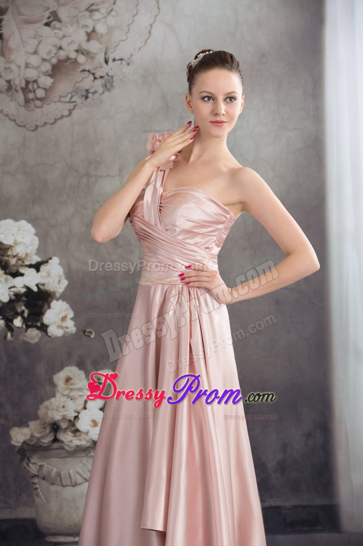 One Shoulder High-low Ruched Pink Prom Dress with Flowers