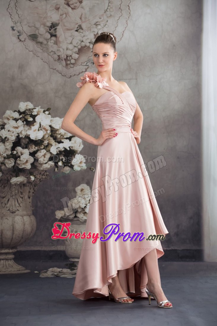 One Shoulder High-low Ruched Pink Prom Dress with Flowers