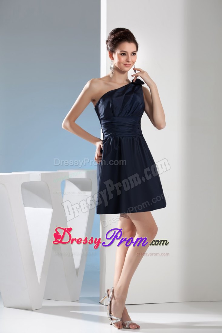 Simple Style Navy Blue One Shoulder Bowknot Short Prom Dress