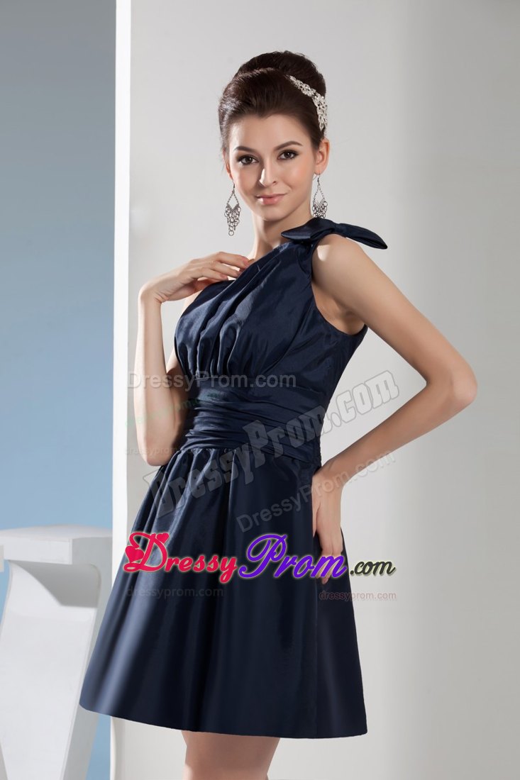Simple Style Navy Blue One Shoulder Bowknot Short Prom Dress