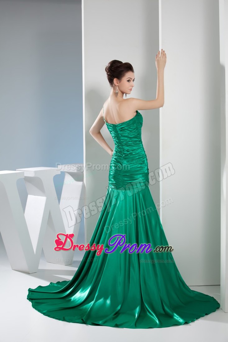 Beading One Shoulder Green Column Ruching Prom Gowns for Party