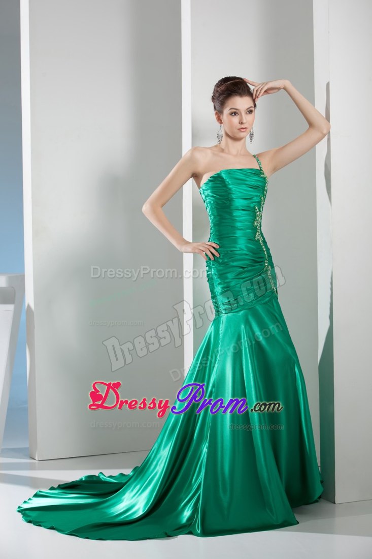 Beading One Shoulder Green Column Ruching Prom Gowns for Party