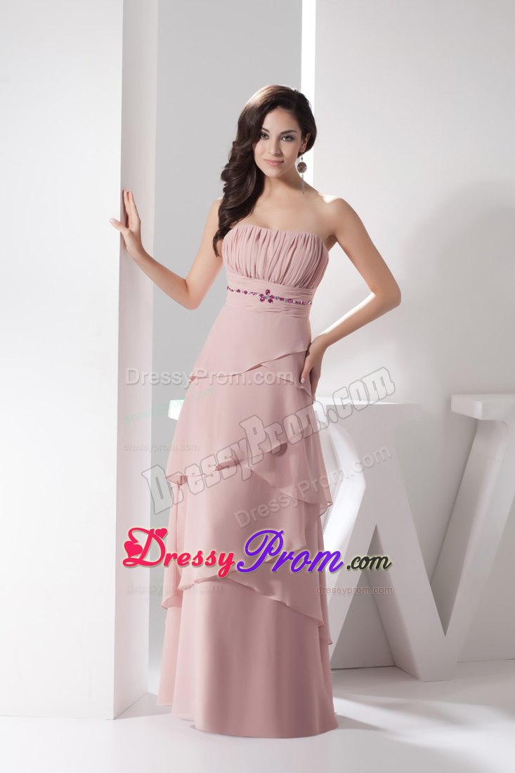 Cheap Strapless Beaded Ruched Long Prom Evening Dress in Pink