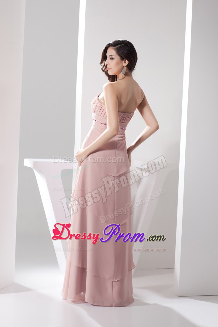 Cheap Strapless Beaded Ruched Long Prom Evening Dress in Pink