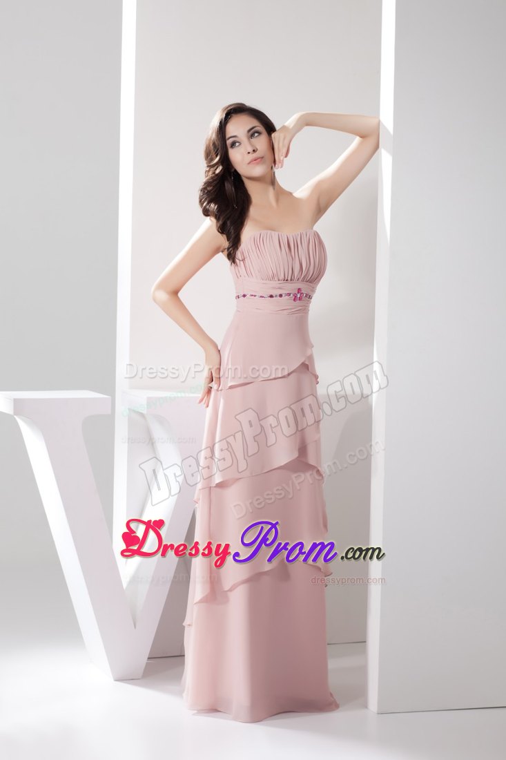 Cheap Strapless Beaded Ruched Long Prom Evening Dress in Pink