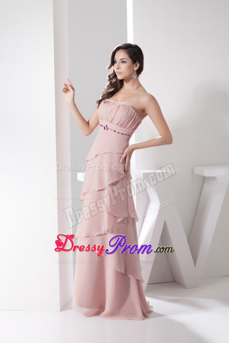 Cheap Strapless Beaded Ruched Long Prom Evening Dress in Pink