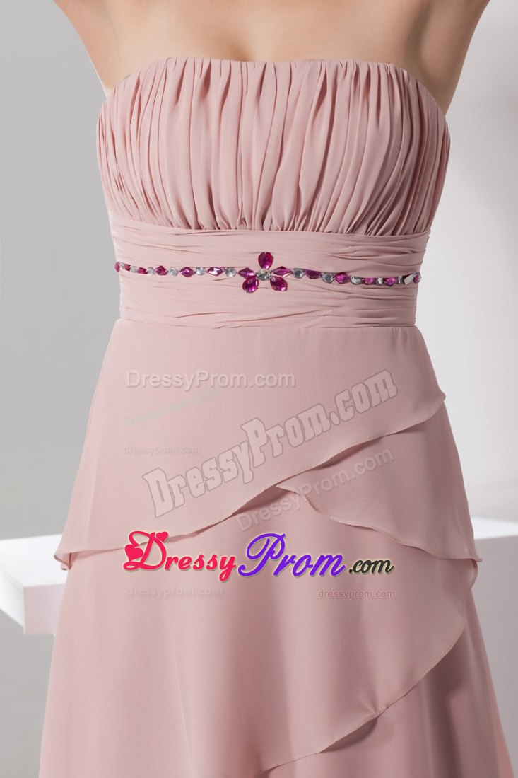 Cheap Strapless Beaded Ruched Long Prom Evening Dress in Pink