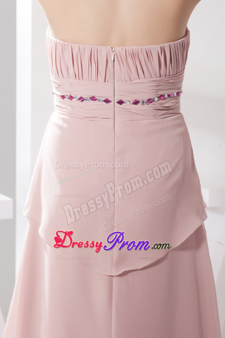 Cheap Strapless Beaded Ruched Long Prom Evening Dress in Pink