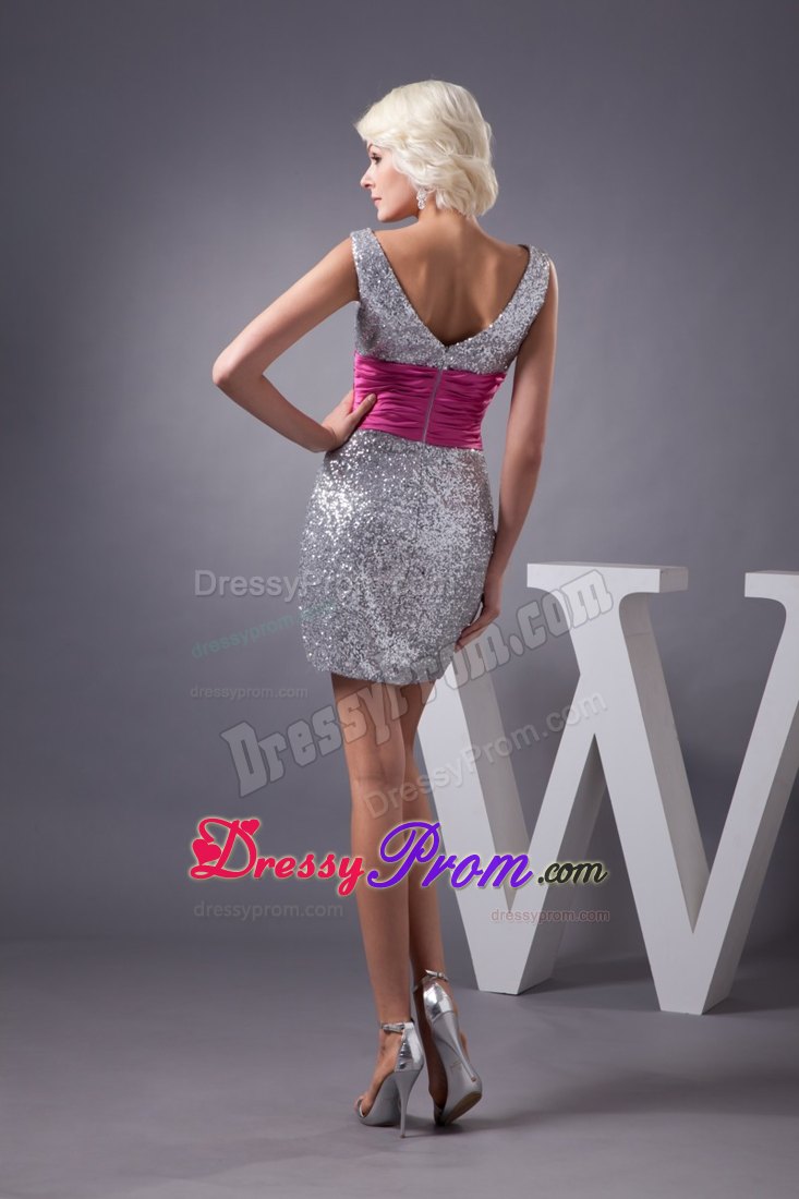 Silver V-neck Sequin Prom Graduation Dress with Ruche and Hot Pink Belt