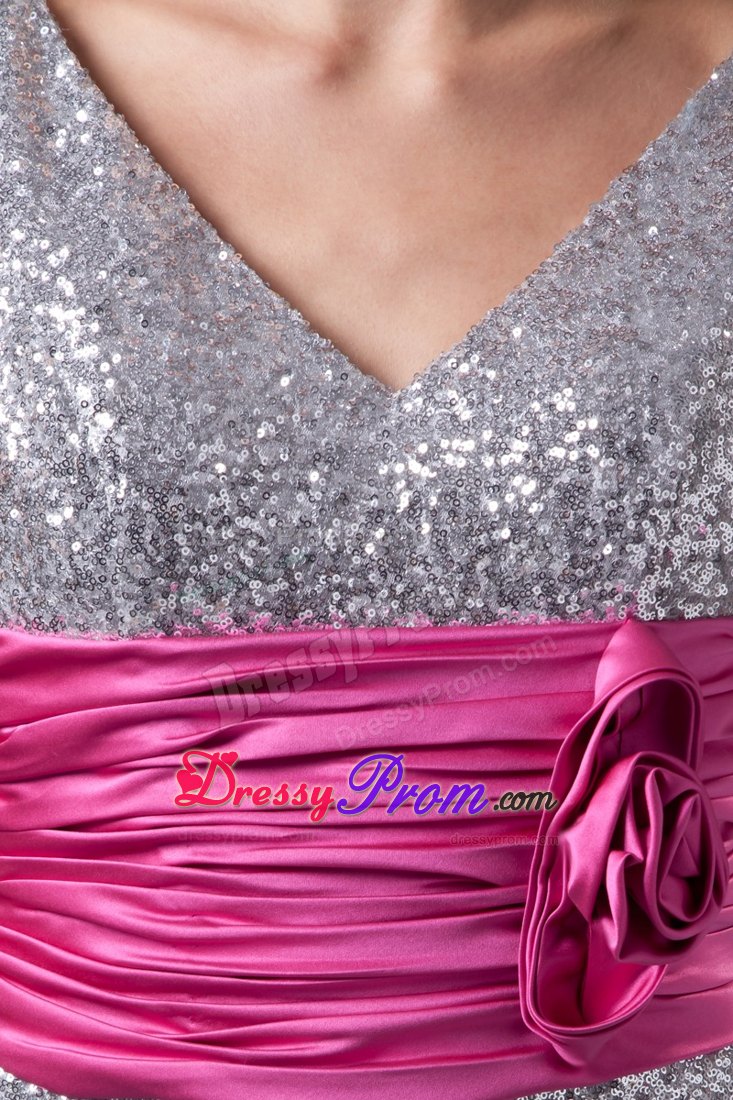 Silver V-neck Sequin Prom Graduation Dress with Ruche and Hot Pink Belt